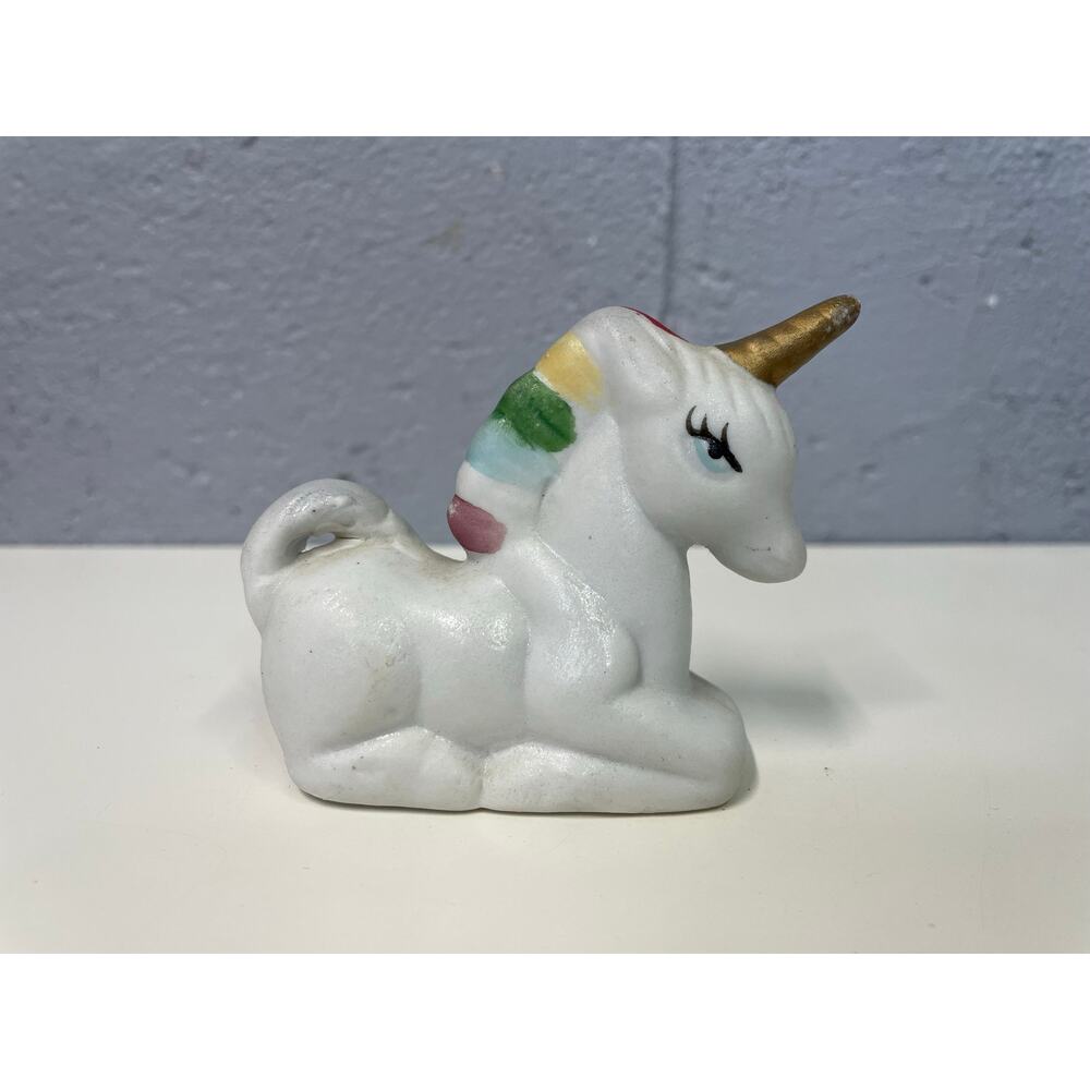 Vintage 1980s Ceramic Unicorn Figurine Rainbow Mane Whimsical Creature Magical
